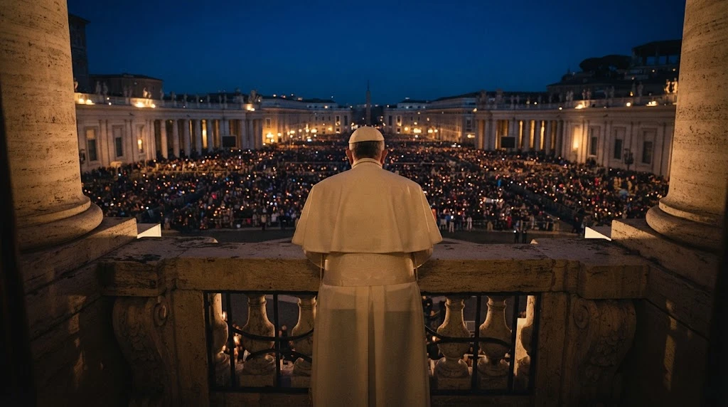 El Papa de espaldas en un balcón sobre la plaza de San Pedro, iluminada y llena de fieles, de noche