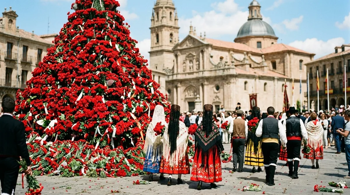 Ramos de claveles rojos apilados formando un gran manto de flores en una plaza